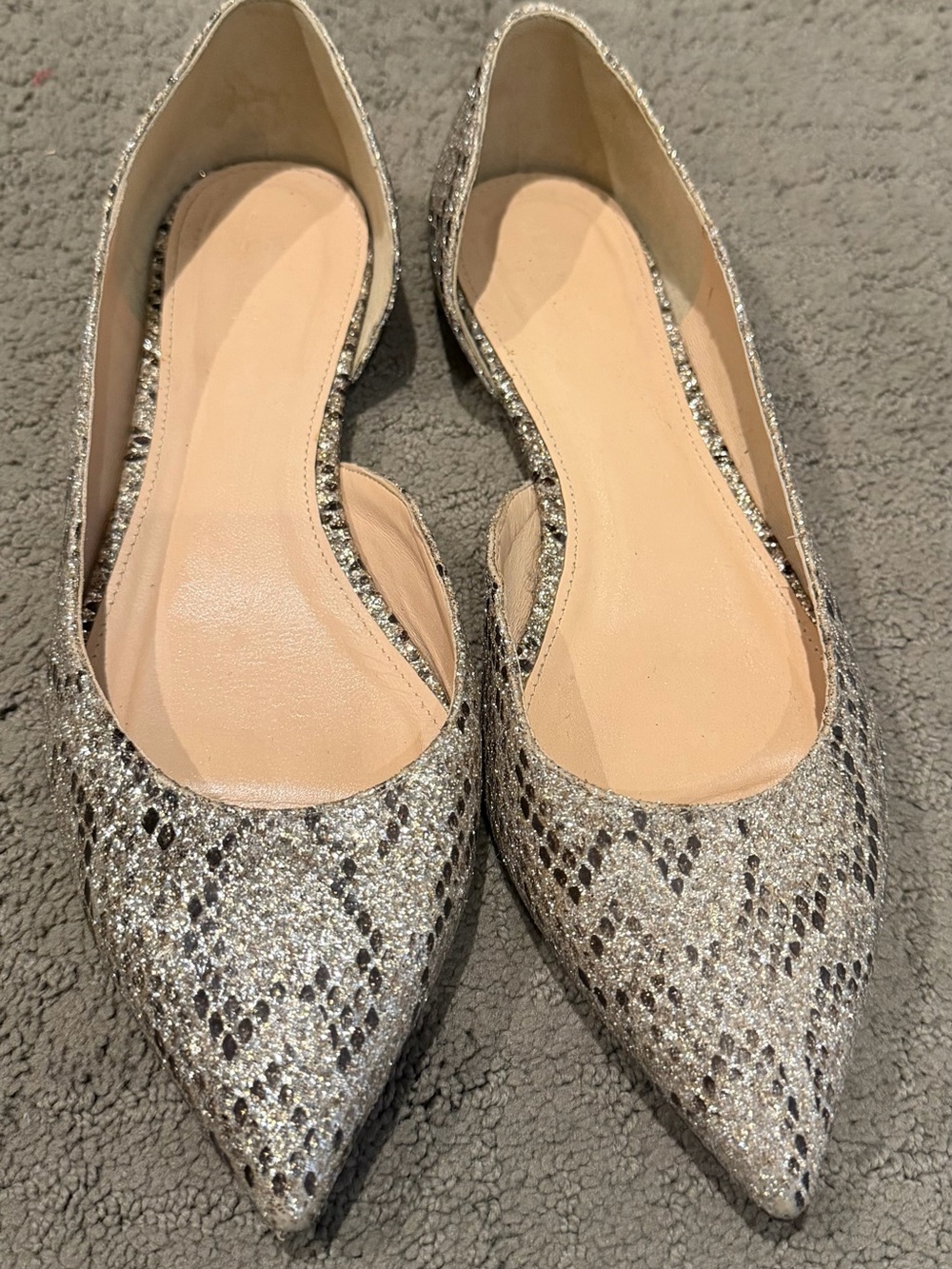 J. Crew Silver Glitter Snakeskin-Textured Pointed D'Orsay Flats